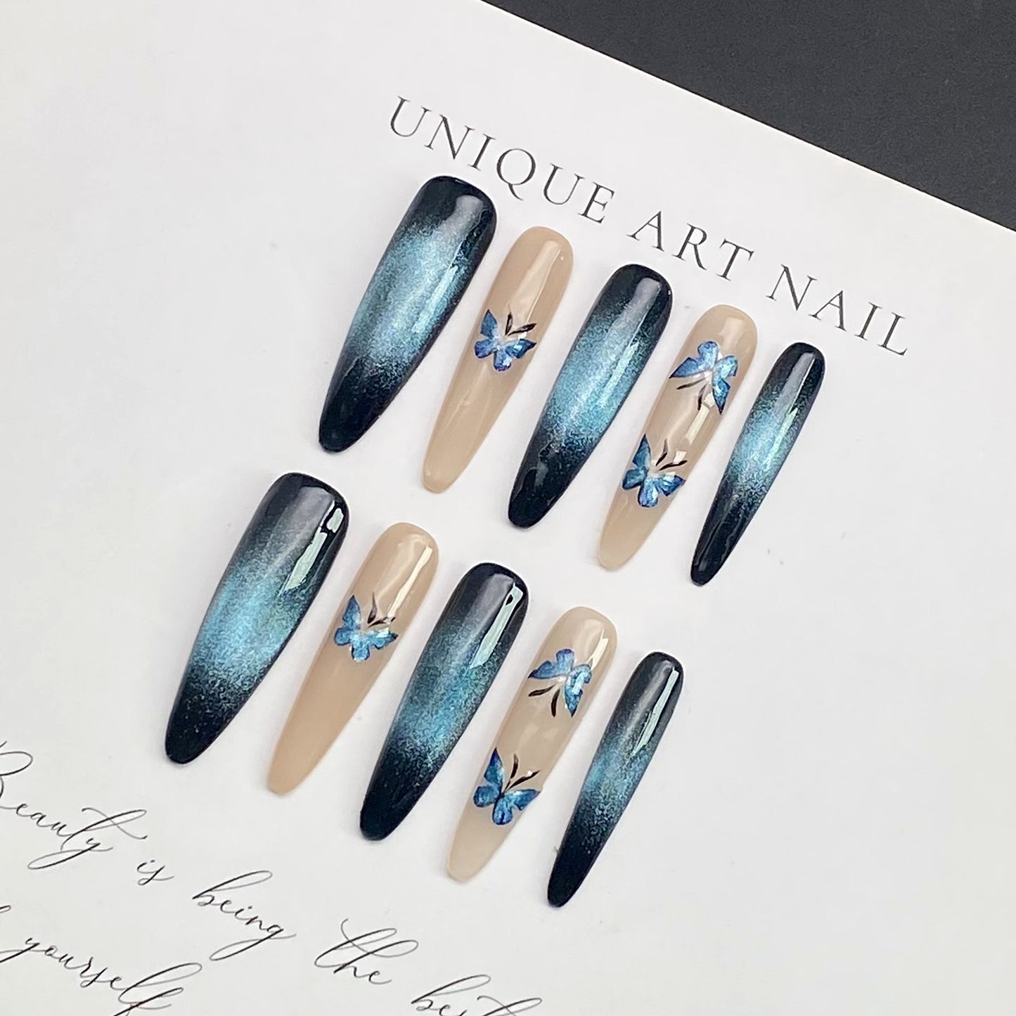 Aurora Glam in Blue-Black with Butterfly Cat's Eye | Wearing Armor Nail | Gel Nail Strips