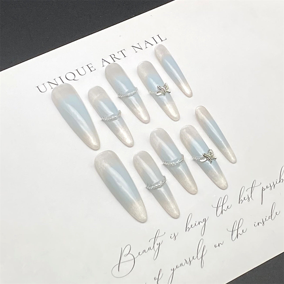 New Stiletto Press-on Nails with Cat's Eye and Butterfly Design, Versatile, Fresh and Sophisticated Brightening Nail Stickers | Wearing Armor Nail | Gel Nail Strips