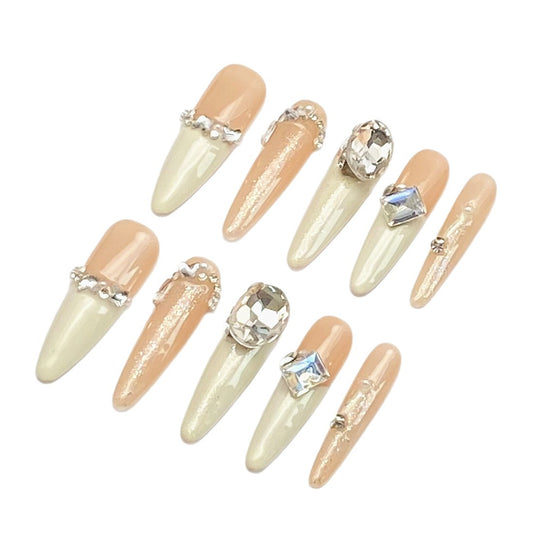 3D Apricot-colored Long Nail with Diamonds | Jelly Gel Nail