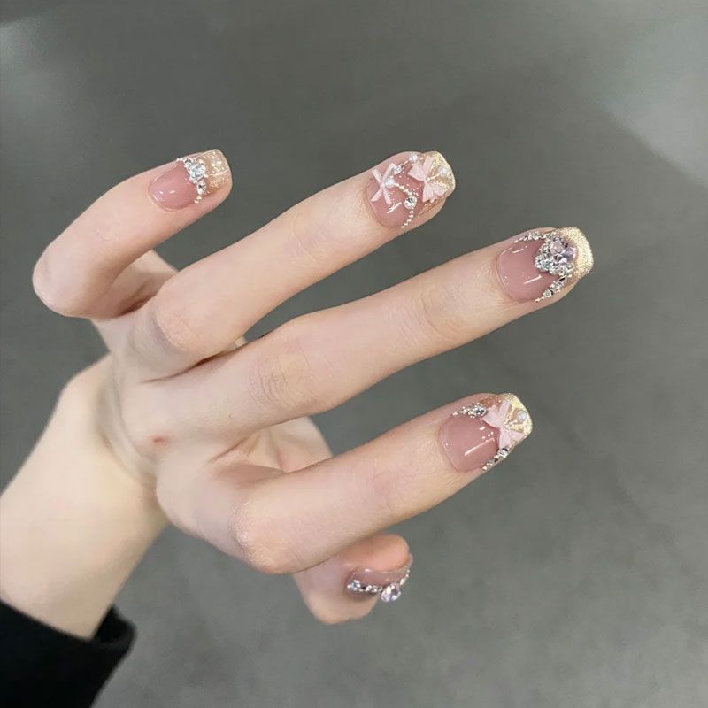 Square Cat's Eye Press-on Nails with Diamonds | Wearing Armor Nail | Gel Nail Strips