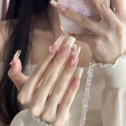 Ethereal Sheer Bow Press-on Nails in Elegant Long Almond Shape  | Wearing Armor Nail | Gel Nail Strips