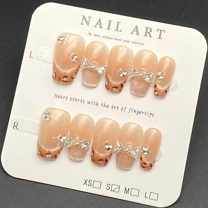 French Cat Eye Dazzling Glitter Bows Wearing Armor Nail | Gel Nail Strips