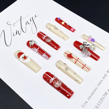 Christmas Press-on Nails with Bells Snowflakes, and Stars Design | Wearing Armor Nail | Gel Nail Strips