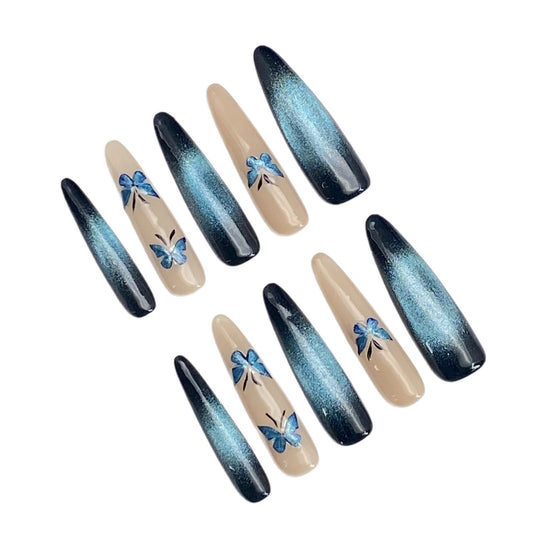 Aurora Glam in Blue-Black with Butterfly Cat's Eye | Wearing Armor Nail | Gel Nail Strips