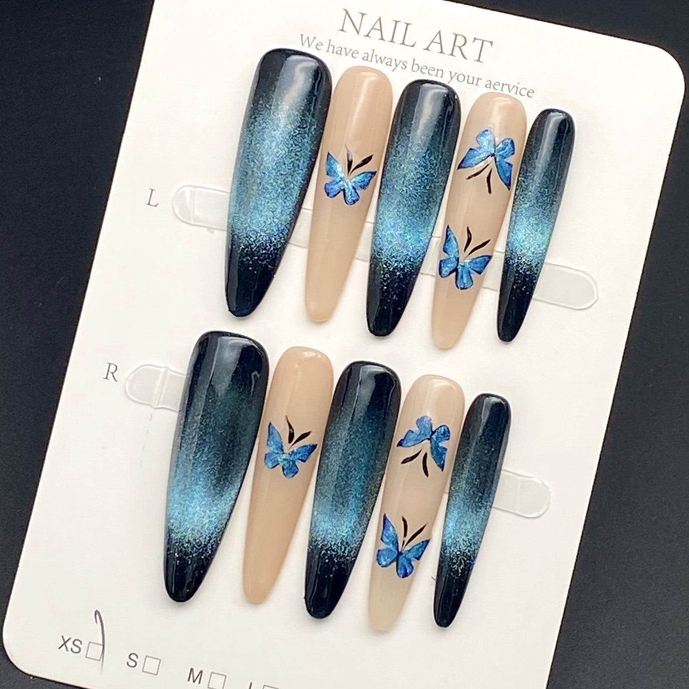 Aurora Glam in Blue-Black with Butterfly Cat's Eye | Wearing Armor Nail | Gel Nail Strips