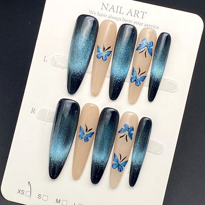 Aurora Glam in Blue-Black with Butterfly Cat's Eye | Wearing Armor Nail | Gel Nail Strips