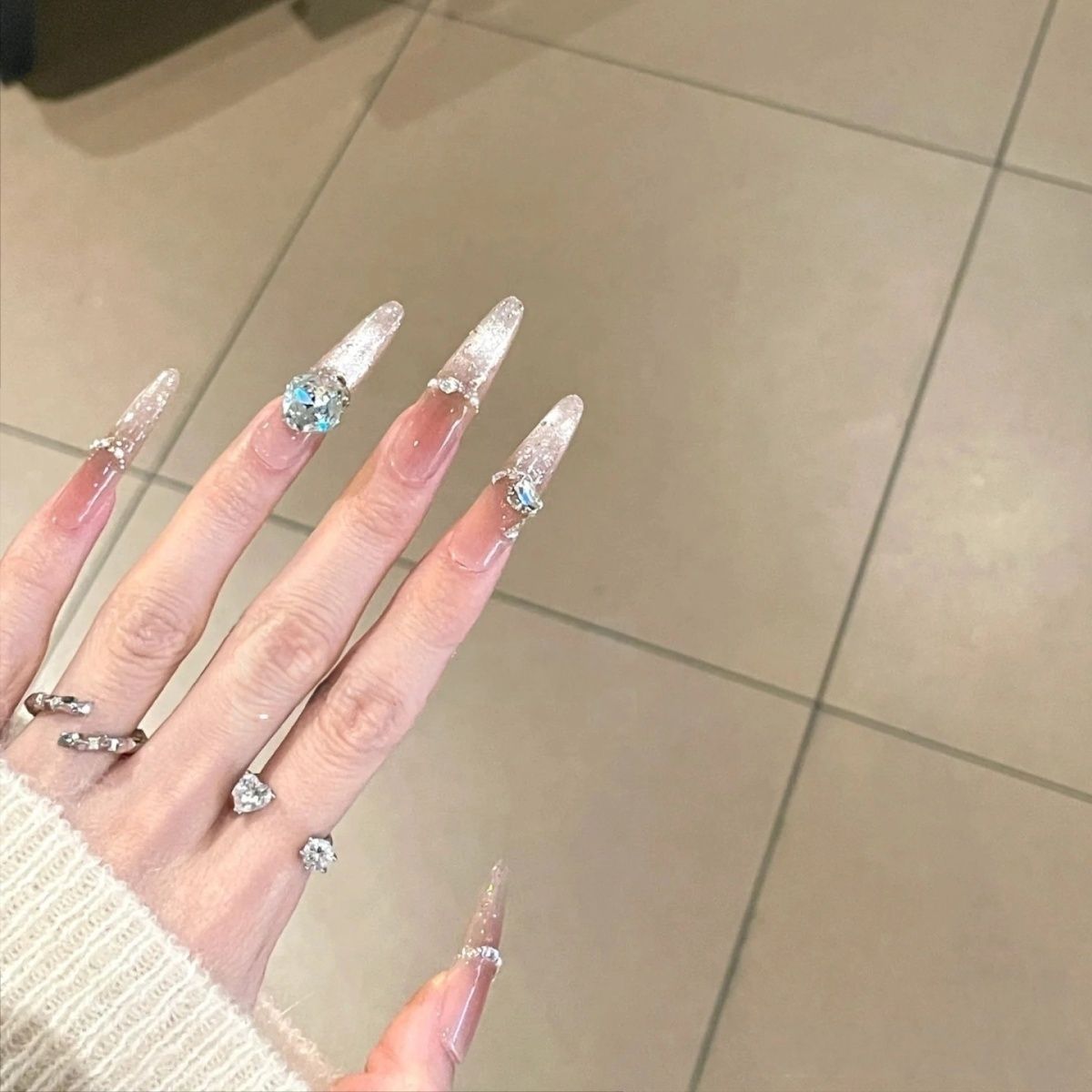 French Cat Eye Press-on Nails with Diamond | Wearing Armor Nail | Gel Nail Strips