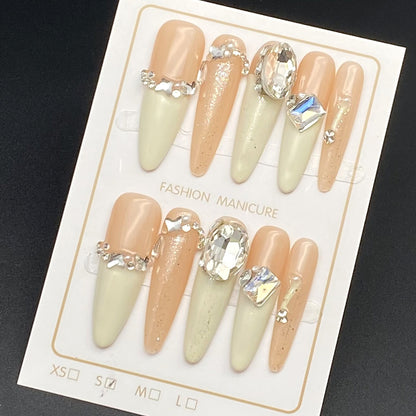 3D Apricot-colored Long Nail with Diamonds | Jelly Gel Nail