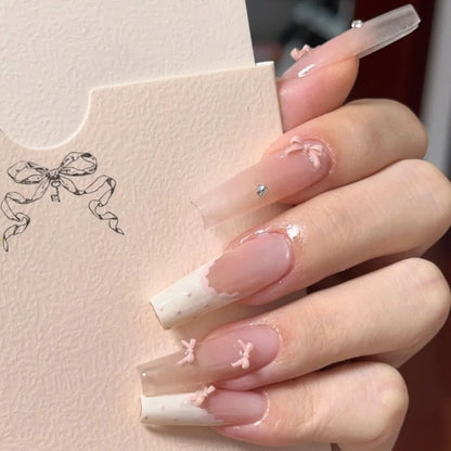 Ethereal Sheer Bow Press-on Nails in Elegant Long Almond Shape  | Wearing Armor Nail | Gel Nail Strips