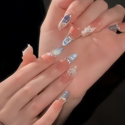 Cat's Eye Stick Nails with Dazzling Diamonds & Butterfly Motifs | Gel Nail Strips