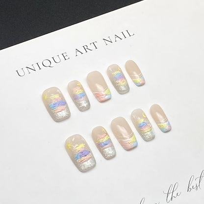 Minimalist Hand-Painted Plaster Gel Rainbow Press-on Nails | Wearing Armor Nail | Gel Nail Strips