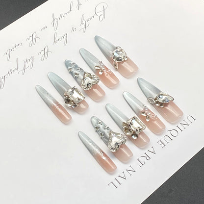 Cat's Eye Press-on Nails with Heart-shaped Diamonds | Wearing Armor Nail | Gel Nail Strips