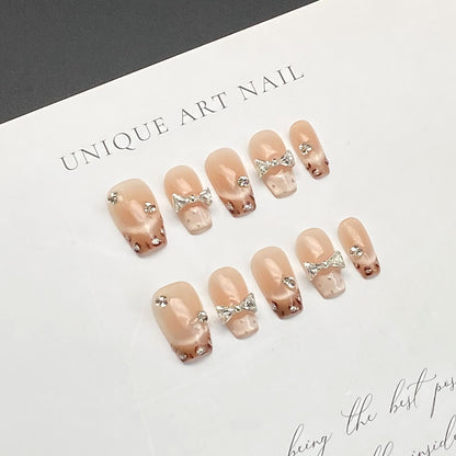 French Cat Eye Dazzling Glitter Bows Wearing Armor Nail | Gel Nail Strips