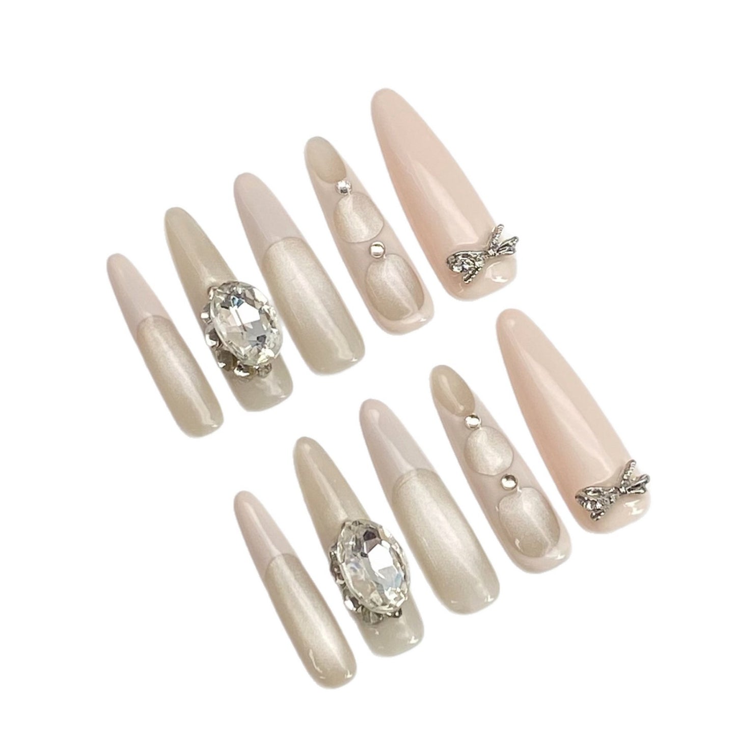 Sophisticated French Cat's Eye Press-on Nails with Diamonds | Wearing Armor Nail | Gel Nail Strips