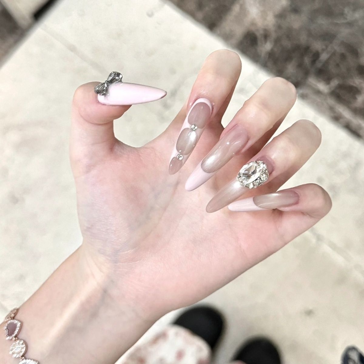 Sophisticated French Cat's Eye Press-on Nails with Diamonds | Wearing Armor Nail | Gel Nail Strips