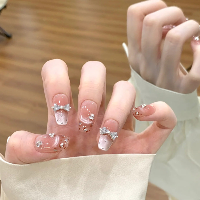 French Cat Eye Dazzling Glitter Bows Wearing Armor Nail | Gel Nail Strips