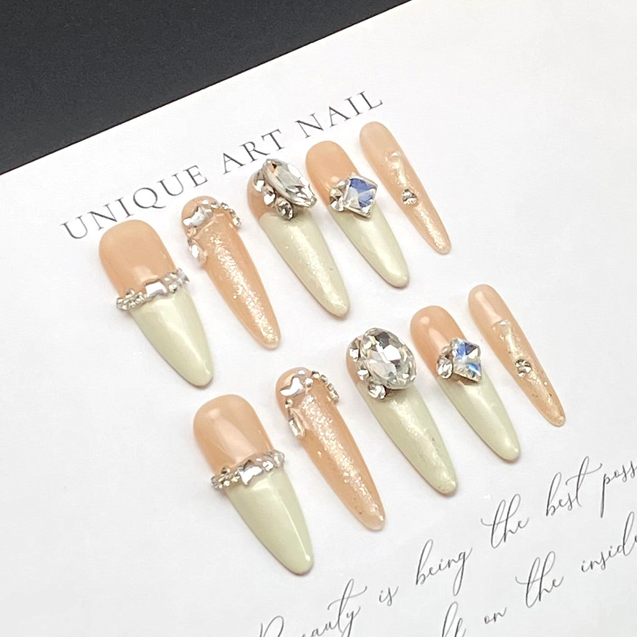 3D Apricot-colored Long Nail with Diamonds | Jelly Gel Nail