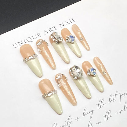 3D Apricot-colored Long Nail with Diamonds | Jelly Gel Nail