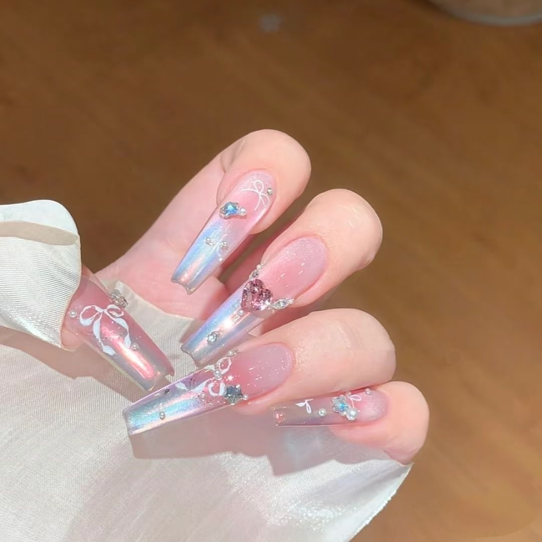 Dreamy Butterfly Bow with Diamonds and Pearls Press-on Nails | Wearing Armor Nail | Gel Nail Strips