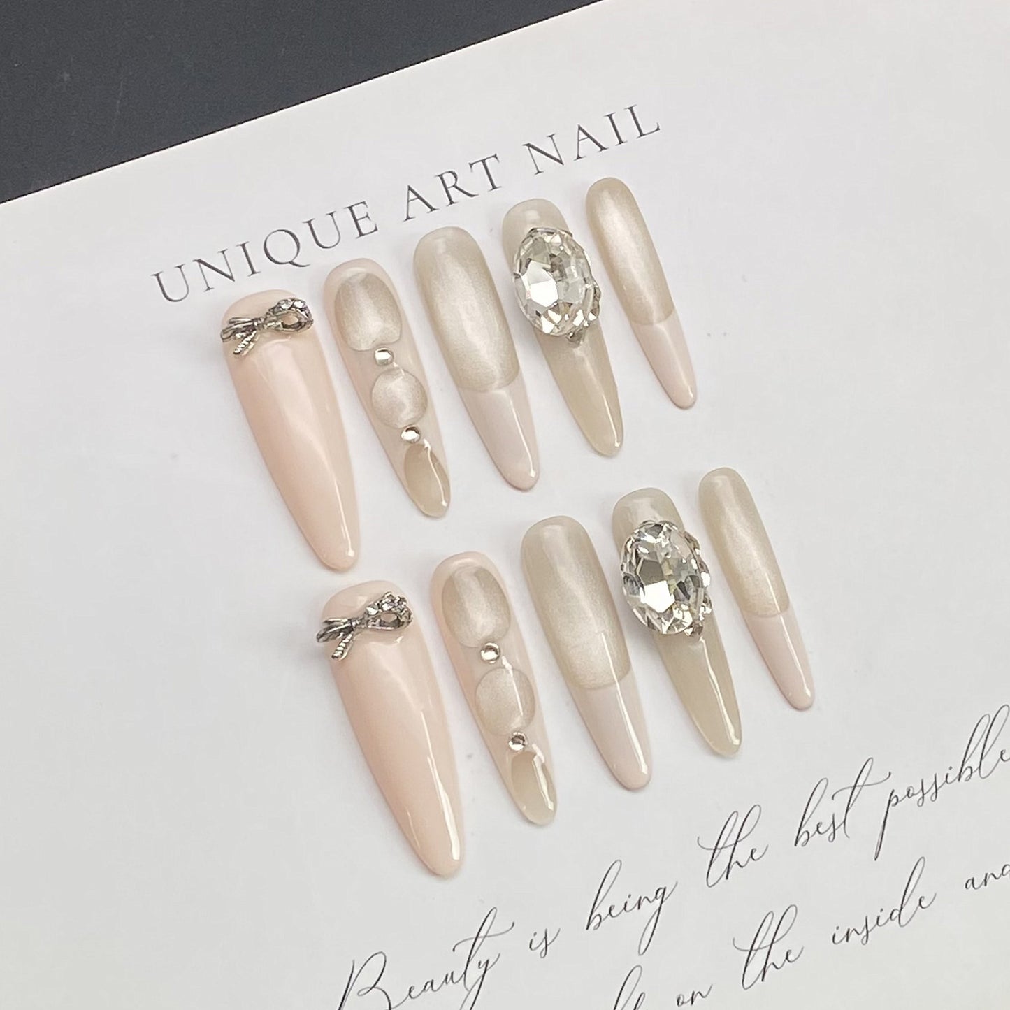 Sophisticated French Cat's Eye Press-on Nails with Diamonds | Wearing Armor Nail | Gel Nail Strips