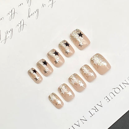 Short Press-on Nails with Black & White Star | Wearing Armor Nail | Gel Nail Strips